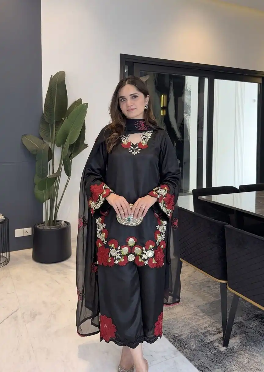 ZSR 3171 Black Color Roman Silk Salwar Suit with Embroidery Work. Available at ₹2449 only. Delivery 4-6 Working Days. Shop now. | Jump Suits, Salwar suit, Casual Suits, Creative suits, Designer Suits, Palazzo Suits, Party Wear Suits, Patiala Suits, Straight Suits