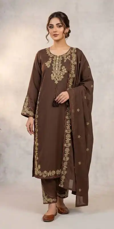 BE 473 Brown Color Roman Silk Salwar Suit with Embroidery Work. Available at ₹1999 only. Delivery 4-6 Working Days. Shop now. | Jump Suits, Salwar suit, Casual Suits, Creative suits, Designer Suits, Palazzo Suits, Party Wear Suits, Patiala Suits, Straight Suits