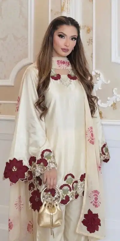 ZSR 3171 Cream Color Roman Silk Salwar Suit with Embroidery Work. Available at ₹2449 only. Delivery 4-6 Working Days. Shop now. | Jump Suits, Salwar suit, Casual Suits, Creative suits, Designer Suits, Palazzo Suits, Party Wear Suits, Patiala Suits, Straight Suits