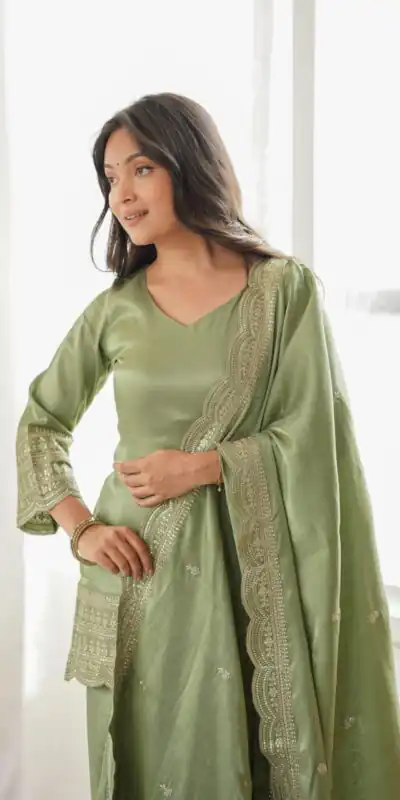 KB 304 Pista Color Roman Silk Salwar Suit with Embroidery Work. Available at ₹1999 only. Delivery 4-6 Working Days. Shop now. | Jump Suits, Salwar suit, Casual Suits, Creative suits, Designer Suits, Palazzo Suits, Party Wear Suits, Patiala Suits, Straight Suits
