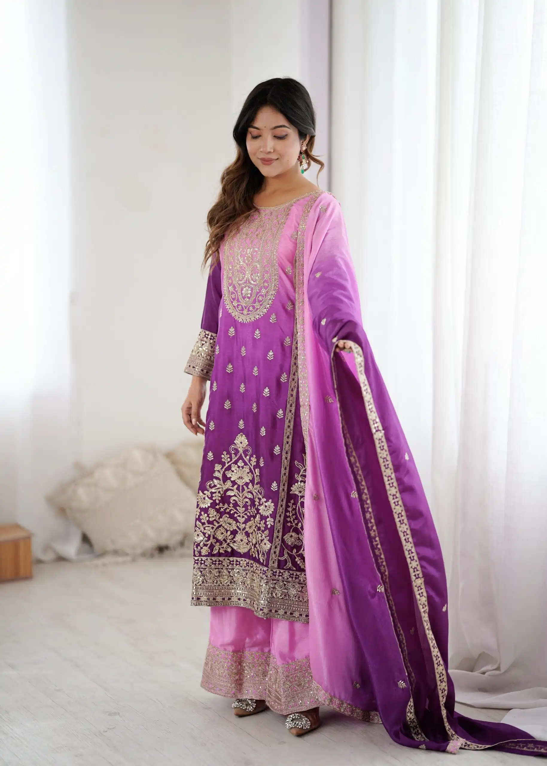KD 1621 Purple Shaded Chinon silk Salwar Suit with Thread Embroidery. Festive Deal ₹2399. Delivery 4-6 Working Days. Shop now. | Jump Suits, Salwar suit, Casual Suits, Creative suits, Designer Suits, Palazzo Suits, Party Wear Suits, Patiala Suits, Straight Suits