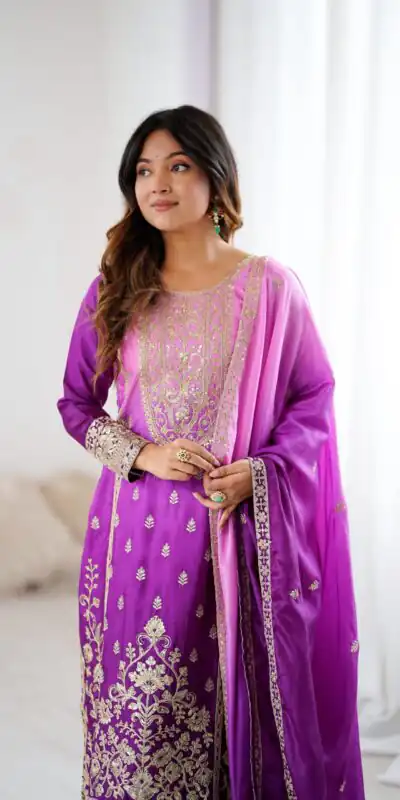KD 1621 Purple Shaded Chinon silk Salwar Suit with Thread Embroidery. Festive Deal ₹2399. Delivery 4-6 Working Days. Shop now. | Jump Suits, Salwar suit, Casual Suits, Creative suits, Designer Suits, Palazzo Suits, Party Wear Suits, Patiala Suits, Straight Suits