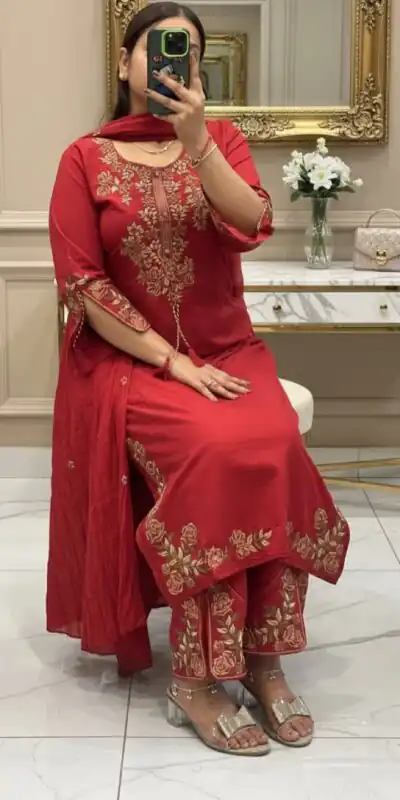 BE 473 Red Color Roman Silk Salwar Suit with Embroidery Work. Available at ₹1999 only. Delivery 4-6 Working Days. Shop now. | Jump Suits, Salwar suit, Casual Suits, Creative suits, Designer Suits, Palazzo Suits, Party Wear Suits, Patiala Suits, Straight Suits