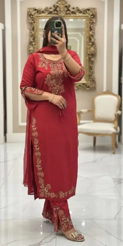 BE 473 Red Color Roman Silk Salwar Suit with Embroidery Work. Available at ₹1999 only. Delivery 4-6 Working Days. Shop now. | Jump Suits, Salwar suit, Casual Suits, Creative suits, Designer Suits, Palazzo Suits, Party Wear Suits, Patiala Suits, Straight Suits