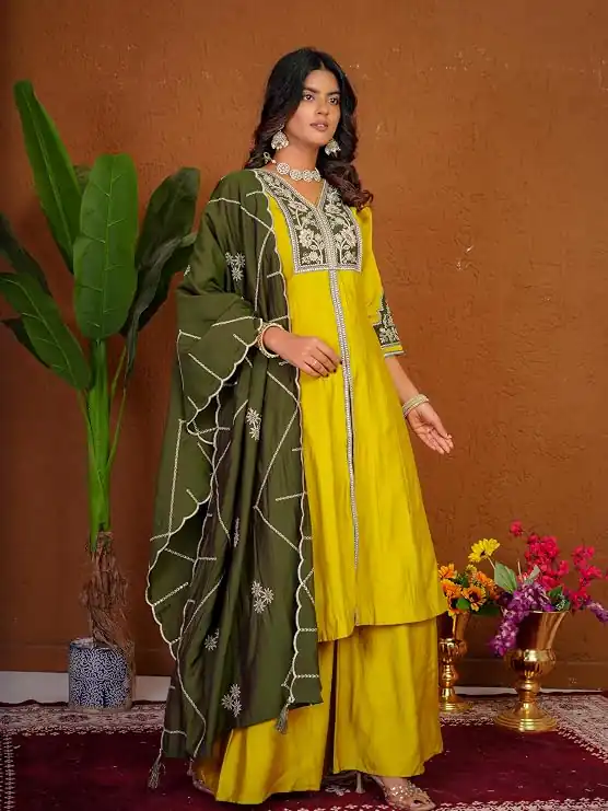 DIVA 152 Yellow Color Roman Silk Salwar Suit with Embroidery Work. Available at ₹2399 only. Delivery 4-6 Working Days. Shop now. | Jump Suits, Salwar suit, Casual Suits, Creative suits, Designer Suits, Palazzo Suits, Party Wear Suits, Patiala Suits, Straight Suits