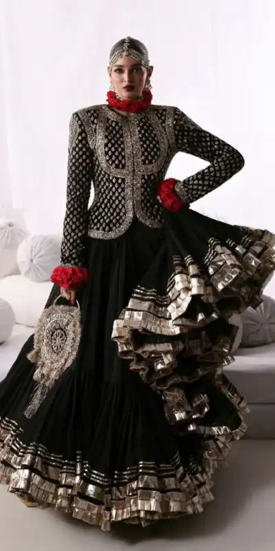 RTC 6036 Black Faux Georgette Lehenga Choli Perfect for Wedding, Party, Festival Celebrations, Ganesh Chaturthi, Diwali – . Introductory Price ₹2149. | Lehenga, Bollywood Lehenga, Creative Lehenga, Designer Lehenga, Embroidered Lehenga, Party Wear Lehenga