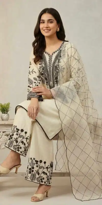 Alternative view of Solid Off White Mal Cotton Embroidery Work Salwar Suit