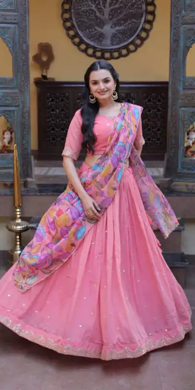 KA 5069 Peach Cosmos Silk Lehenga Choli with Zari & Embroidery Work. Introductory Price ₹2499. Delivery 4-6 Working Days. Shop now. | Lehenga, Bollywood Lehenga, Creative Lehenga, Designer Lehenga, Embroidered Lehenga, Party Wear Lehenga