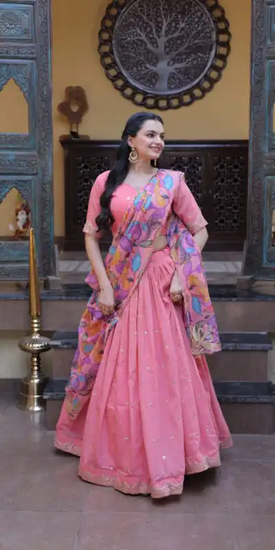 KA 5069 Peach Cosmos Silk Lehenga Choli with Zari & Embroidery Work. Introductory Price ₹2499. Delivery 4-6 Working Days. Shop now. | Lehenga, Bollywood Lehenga, Creative Lehenga, Designer Lehenga, Embroidered Lehenga, Party Wear Lehenga