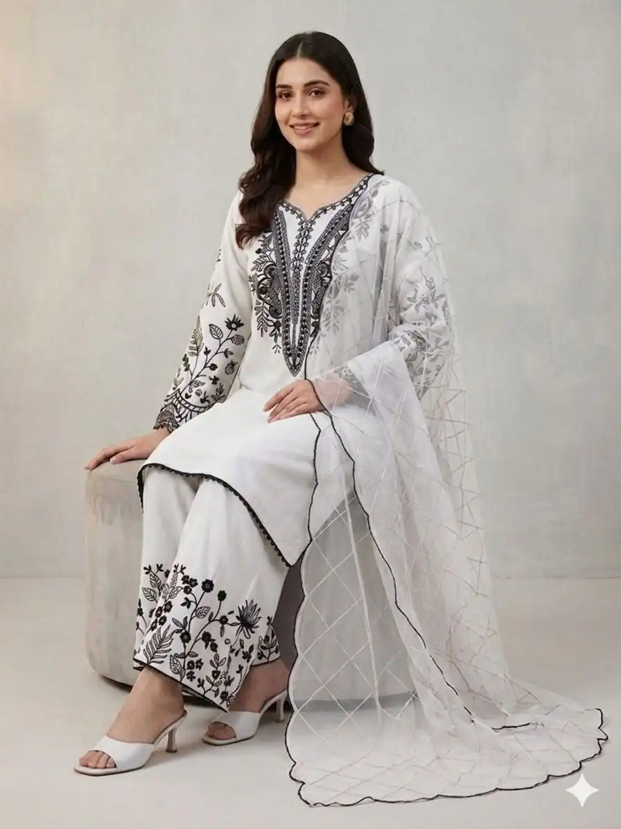 Solid White Mal Cotton Embroidery Work Salwar Suit - Image 2