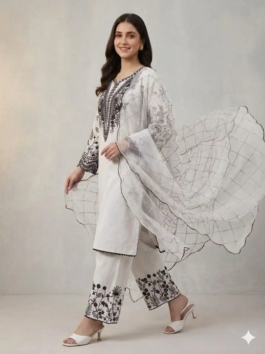Solid White Mal Cotton Embroidery Work Salwar Suit - Image 3