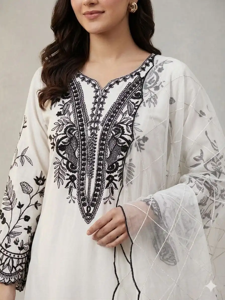Solid White Mal Cotton Embroidery Work Salwar Suit - Image 4