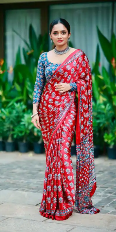 NC 5603 Red Color Satin Crap Saree with Mirror Work. Introductory Price ₹1799. Delivery Online 4-6 Working Days. Shop now. | Designer Sarees, Modern Digital sarees, Sarees, Bollywood Sarees, Creative Sarees, Embroidered Sarees, Ethnic Saree, Party Wear Sarees