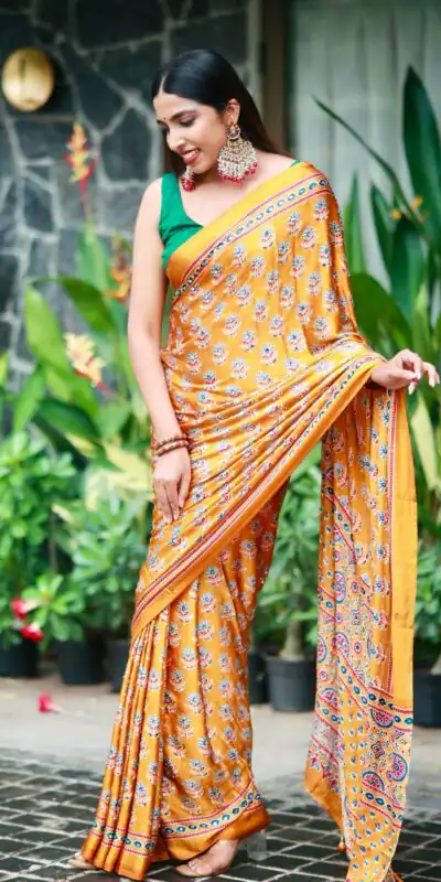 Stunning Yellow Soft Satin Crap Real Mirror Work Saree