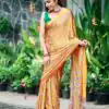 NC 5603 Yellow Color Satin Crap Saree with Mirror Work. Introductory Price ₹1799. Delivery Online 4-6 Working Days. Shop now. | Designer Sarees, Modern Digital sarees, Sarees, Bollywood Sarees, Creative Sarees, Embroidered Sarees, Ethnic Saree, Party Wear Sarees