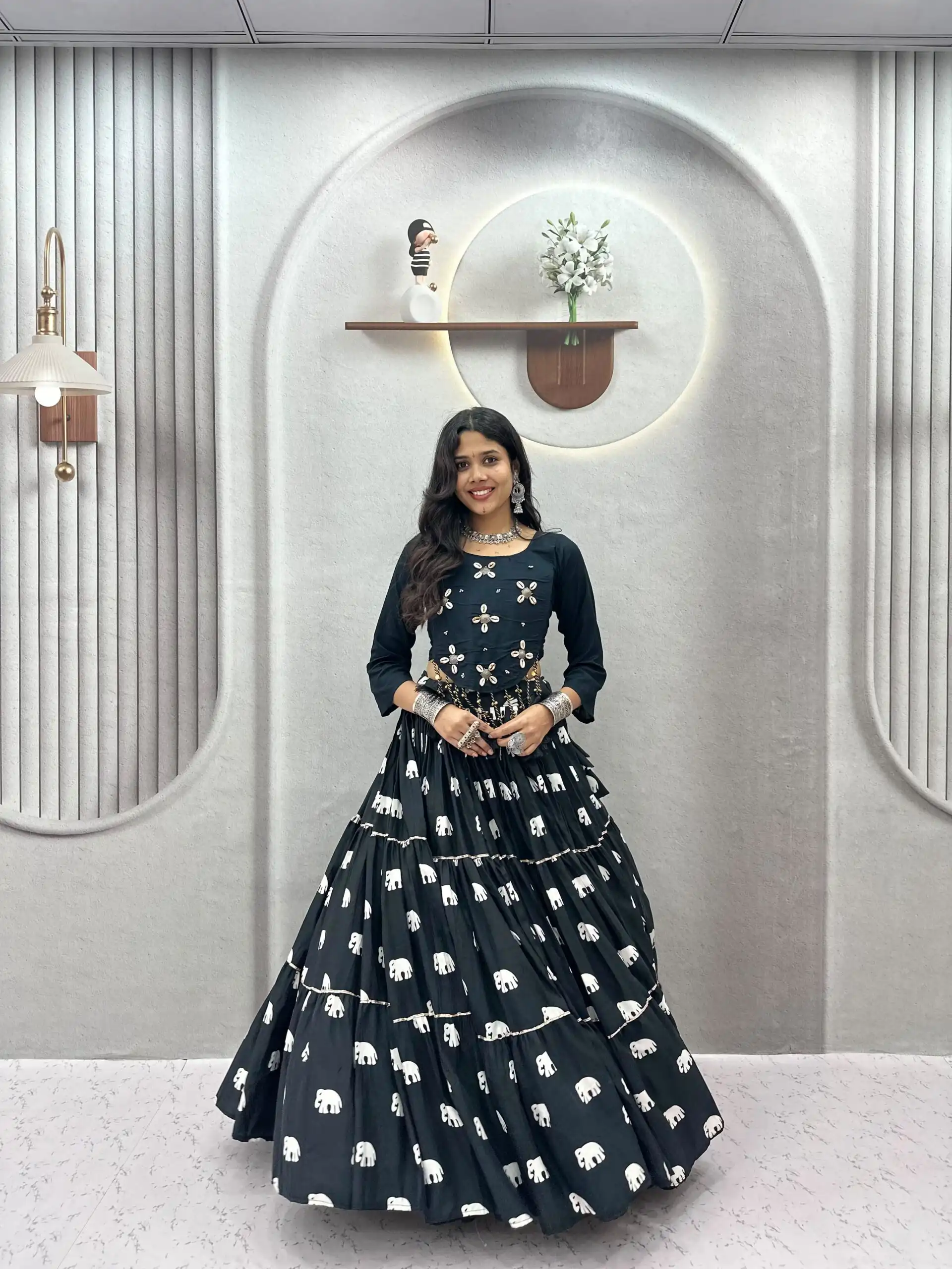 Ram 181 Black Color Pure Cotton Lehenga Choli with Cowrie Work. Festive Deal ₹2649. Delivery 4-6 Working Days. Online Shop now. | Lehenga, Bollywood Lehenga, Creative Lehenga, Designer Lehenga, Embroidered Lehenga, Party Wear Lehenga