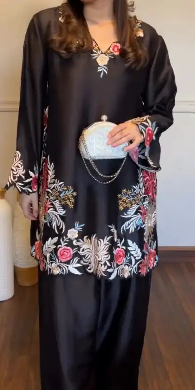 KD 1618 Black Rayon Satin Salwar Suit with Thread Embroidery. Affordable Price ₹1999. Delivery 4-6 Working Days. Shop now. | Jump Suits, Salwar suit, Casual Suits, Creative suits, Designer Suits, Palazzo Suits, Party Wear Suits, Patiala Suits, Straight Suits