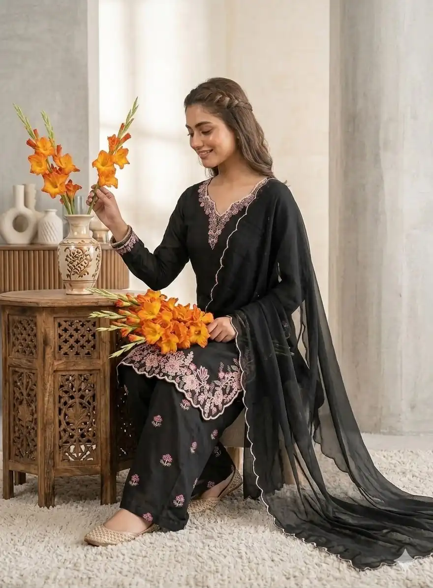 ND 5067 Black Vichitra Silk Salwar Suit with Embroidery Work. Wedding, Party, Festive, Events, Grab it for ₹2399. Delivery 4-6 Working Days. Shop now. | Jump Suits, Salwar suit, Casual Suits, Creative suits, Designer Suits, Palazzo Suits, Party Wear Suits, Patiala Suits, Straight Suits