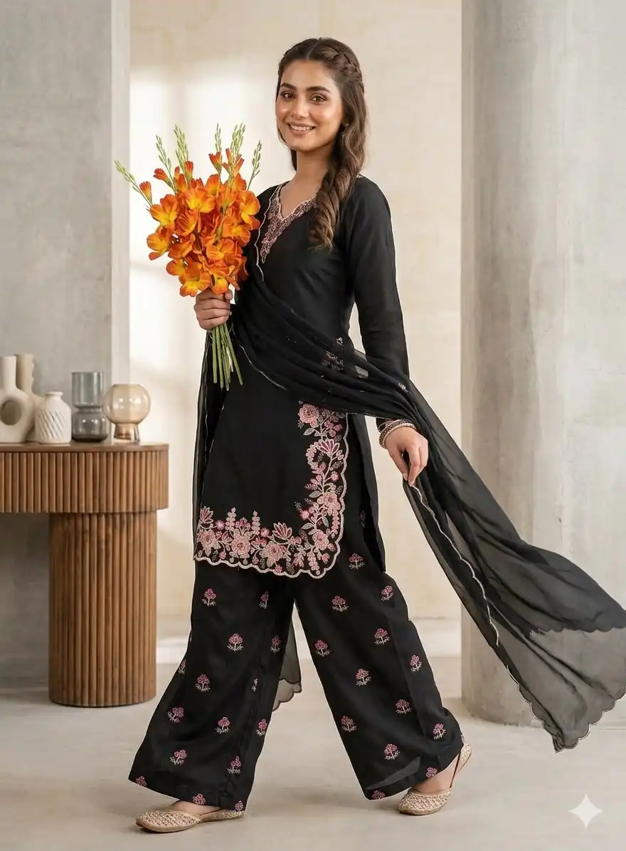 ND 5067 Black Vichitra Silk Salwar Suit with Embroidery Work. Wedding, Party, Festive, Events, Grab it for ₹2399. Delivery 4-6 Working Days. Shop now. | Jump Suits, Salwar suit, Casual Suits, Creative suits, Designer Suits, Palazzo Suits, Party Wear Suits, Patiala Suits, Straight Suits