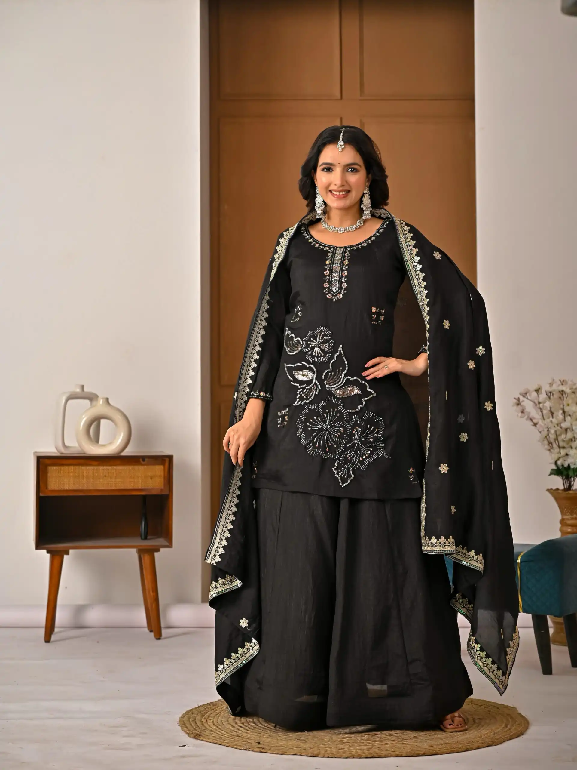 ND 5067 Black Vichitra Silk Salwar Suit with Embroidery Work. Wedding, Party, Festive, Events, Grab it for ₹2399. Delivery 4-6 Working Days. Shop now. | Jump Suits, Salwar suit, Casual Suits, Creative suits, Designer Suits, Palazzo Suits, Party Wear Suits, Patiala Suits, Straight Suits