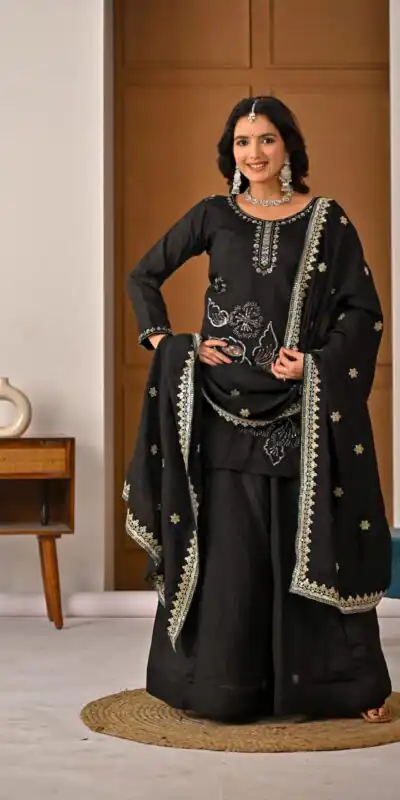 ND 5067 Black Vichitra Silk Salwar Suit with Embroidery Work. Wedding, Party, Festive, Events, Grab it for ₹2399. Delivery 4-6 Working Days. Shop now. | Jump Suits, Salwar suit, Casual Suits, Creative suits, Designer Suits, Palazzo Suits, Party Wear Suits, Patiala Suits, Straight Suits