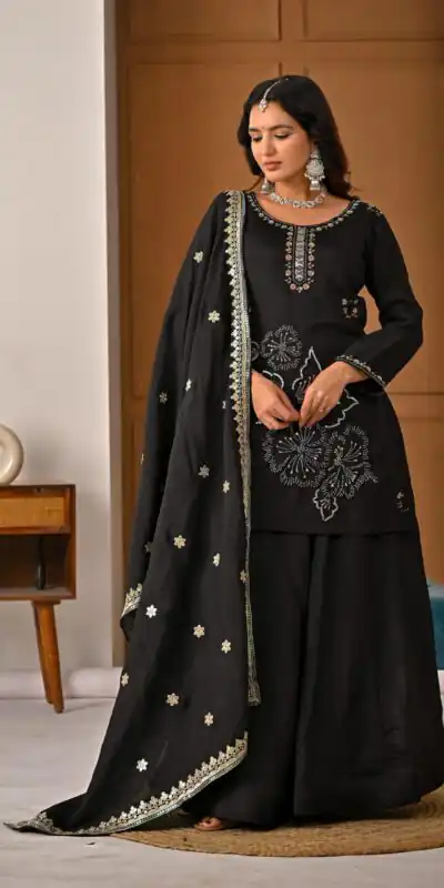 ND 5067 Black Vichitra Silk Salwar Suit with Embroidery Work. Wedding, Party, Festive, Events, Grab it for ₹2399. Delivery 4-6 Working Days. Shop now. | Jump Suits, Salwar suit, Casual Suits, Creative suits, Designer Suits, Palazzo Suits, Party Wear Suits, Patiala Suits, Straight Suits