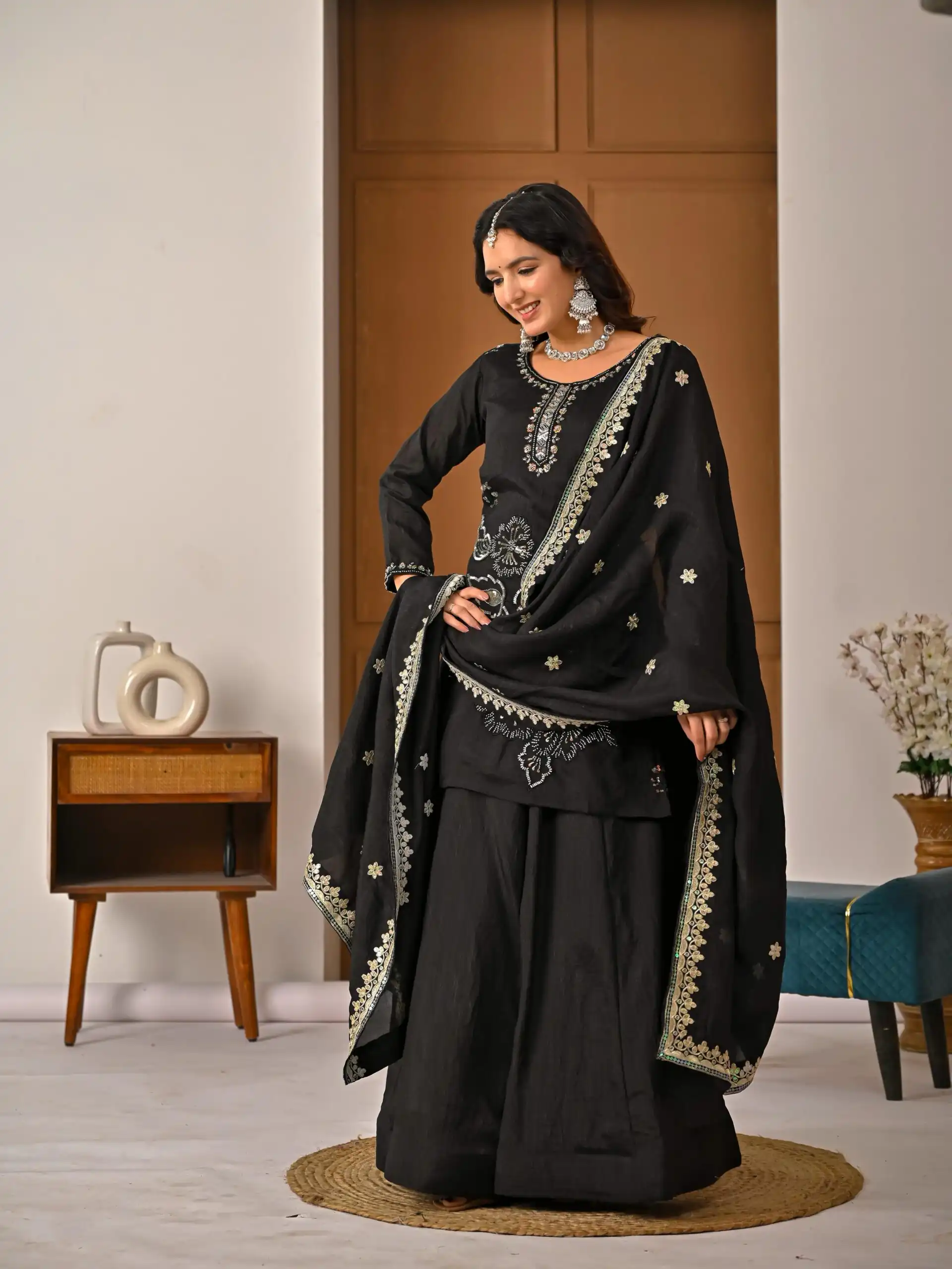 ND 5067 Black Vichitra Silk Salwar Suit with Embroidery Work. Wedding, Party, Festive, Events, Grab it for ₹2399. Delivery 4-6 Working Days. Shop now. | Jump Suits, Salwar suit, Casual Suits, Creative suits, Designer Suits, Palazzo Suits, Party Wear Suits, Patiala Suits, Straight Suits