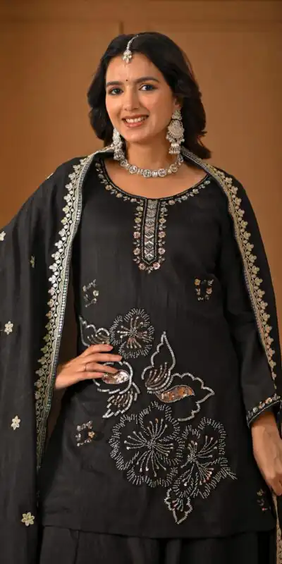 ND 5067 Black Vichitra Silk Salwar Suit with Embroidery Work. Wedding, Party, Festive, Events, Grab it for ₹2399. Delivery 4-6 Working Days. Shop now. | Jump Suits, Salwar suit, Casual Suits, Creative suits, Designer Suits, Palazzo Suits, Party Wear Suits, Patiala Suits, Straight Suits
