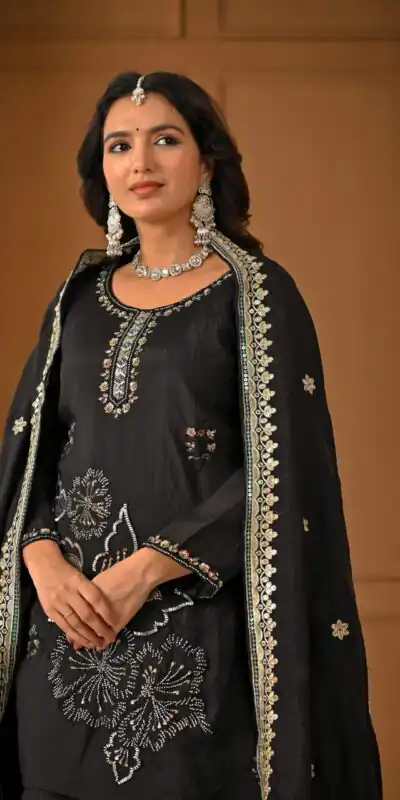 ND 5067 Black Vichitra Silk Salwar Suit with Embroidery Work. Wedding, Party, Festive, Events, Grab it for ₹2399. Delivery 4-6 Working Days. Shop now. | Jump Suits, Salwar suit, Casual Suits, Creative suits, Designer Suits, Palazzo Suits, Party Wear Suits, Patiala Suits, Straight Suits
