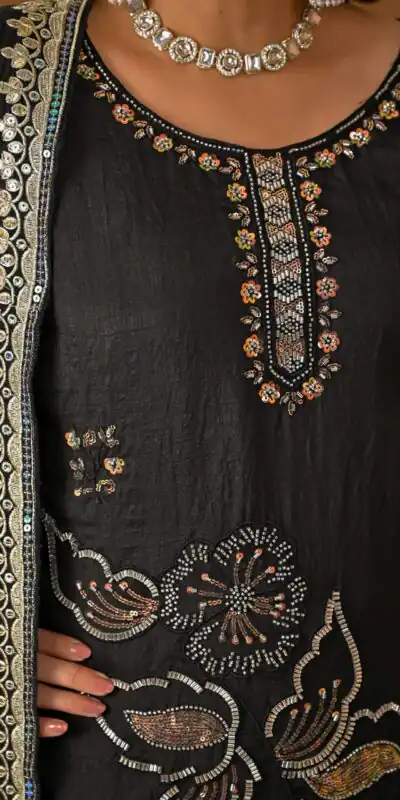 ND 5067 Black Vichitra Silk Salwar Suit with Embroidery Work. Wedding, Party, Festive, Events, Grab it for ₹2399. Delivery 4-6 Working Days. Shop now. | Jump Suits, Salwar suit, Casual Suits, Creative suits, Designer Suits, Palazzo Suits, Party Wear Suits, Patiala Suits, Straight Suits