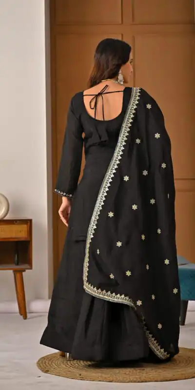 ND 5067 Black Vichitra Silk Salwar Suit with Embroidery Work. Wedding, Party, Festive, Events, Grab it for ₹2399. Delivery 4-6 Working Days. Shop now. | Jump Suits, Salwar suit, Casual Suits, Creative suits, Designer Suits, Palazzo Suits, Party Wear Suits, Patiala Suits, Straight Suits