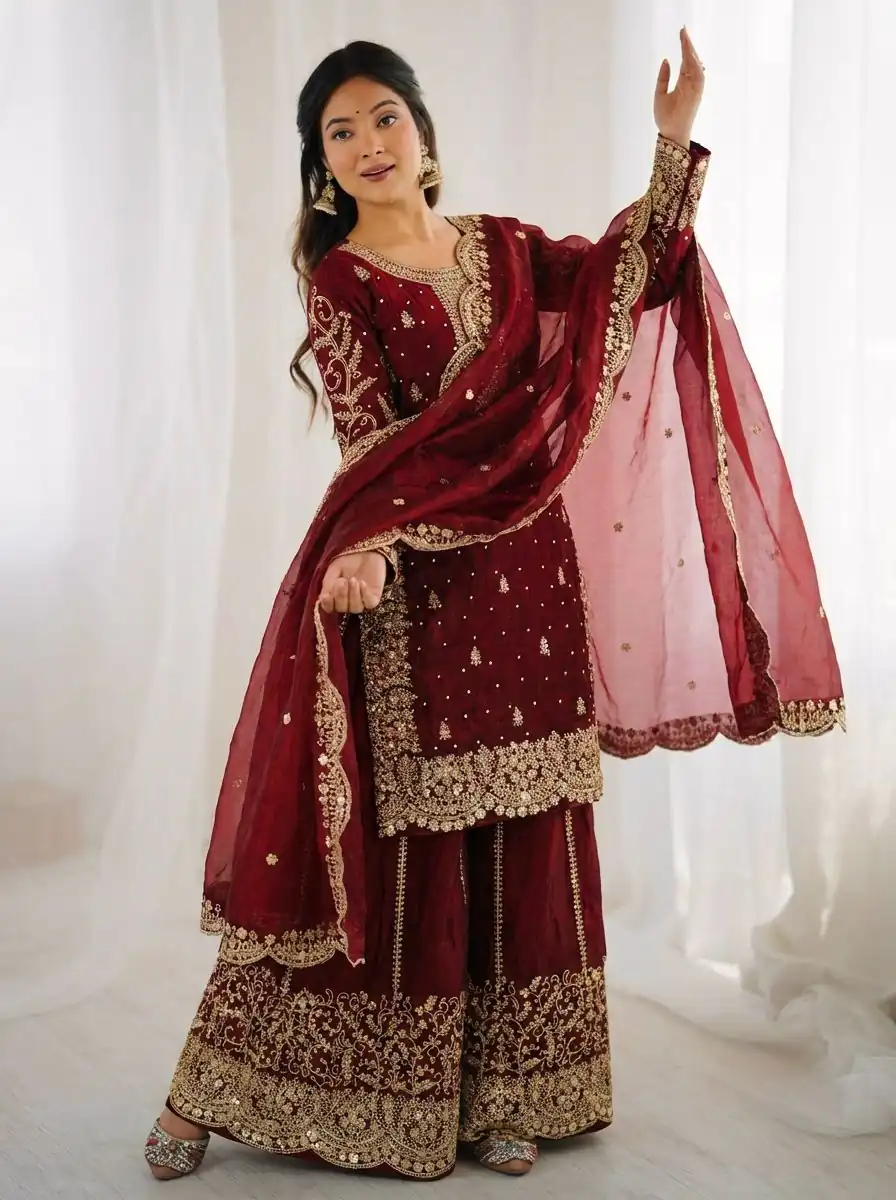 ZSR 3167 Maroon Fendy Silk Salwar Suitwith Embroidery Work & Lace Work. Now at just ₹2149. Delivery 4-6 Working Days. Shop now. | Jump Suits, Salwar suit, Casual Suits, Creative suits, Designer Suits, Palazzo Suits, Party Wear Suits, Patiala Suits, Straight Suits