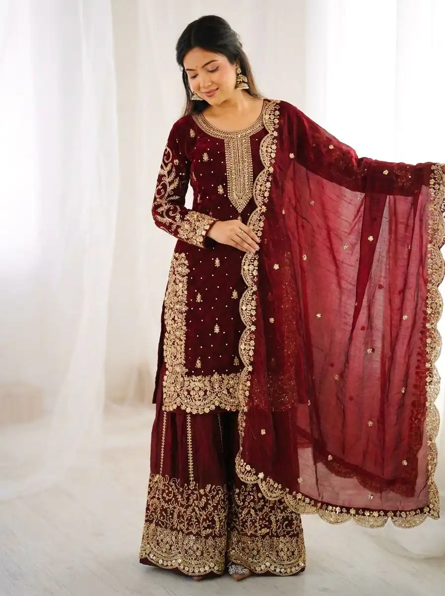 ZSR 3167 Maroon Fendy Silk Salwar Suitwith Embroidery Work & Lace Work. Now at just ₹2149. Delivery 4-6 Working Days. Shop now. | Jump Suits, Salwar suit, Casual Suits, Creative suits, Designer Suits, Palazzo Suits, Party Wear Suits, Patiala Suits, Straight Suits