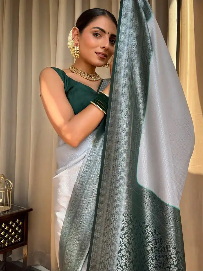 KPR 230 Silver Soft Lichi Silk Saree Perfect for Wedding, Party, Reception, Diwali, Ethnic Day – . Affordable Price ₹1449. Delivery 4-6 Working Days. | Designer Sarees, Modern Digital sarees, Sarees, Bollywood Sarees, Creative Sarees, Embroidered Sarees, Ethnic Saree, Party Wear Sarees