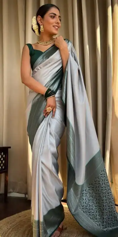 KPR 230 Silver Soft Lichi Silk Saree Perfect for Wedding, Party, Reception, Diwali, Ethnic Day – . Affordable Price ₹1449. Delivery 4-6 Working Days. | Designer Sarees, Modern Digital sarees, Sarees, Bollywood Sarees, Creative Sarees, Embroidered Sarees, Ethnic Saree, Party Wear Sarees