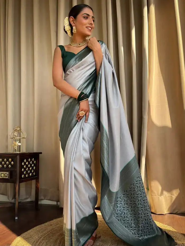 KPR 230 Silver Soft Lichi Silk Saree Perfect for Wedding, Party, Reception, Diwali, Ethnic Day – . Affordable Price ₹1449. Delivery 4-6 Working Days. | Designer Sarees, Modern Digital sarees, Sarees, Bollywood Sarees, Creative Sarees, Embroidered Sarees, Ethnic Saree, Party Wear Sarees