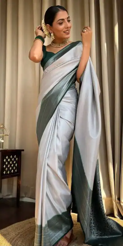 KPR 230 Silver Soft Lichi Silk Saree Perfect for Wedding, Party, Reception, Diwali, Ethnic Day – . Affordable Price ₹1449. Delivery 4-6 Working Days. | Designer Sarees, Modern Digital sarees, Sarees, Bollywood Sarees, Creative Sarees, Embroidered Sarees, Ethnic Saree, Party Wear Sarees