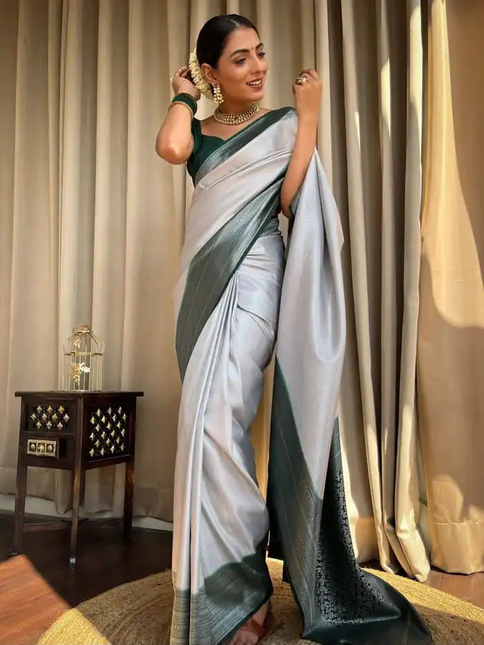 KPR 230 Silver Soft Lichi Silk Saree Perfect for Wedding, Party, Reception, Diwali, Ethnic Day – . Affordable Price ₹1449. Delivery 4-6 Working Days. | Designer Sarees, Modern Digital sarees, Sarees, Bollywood Sarees, Creative Sarees, Embroidered Sarees, Ethnic Saree, Party Wear Sarees