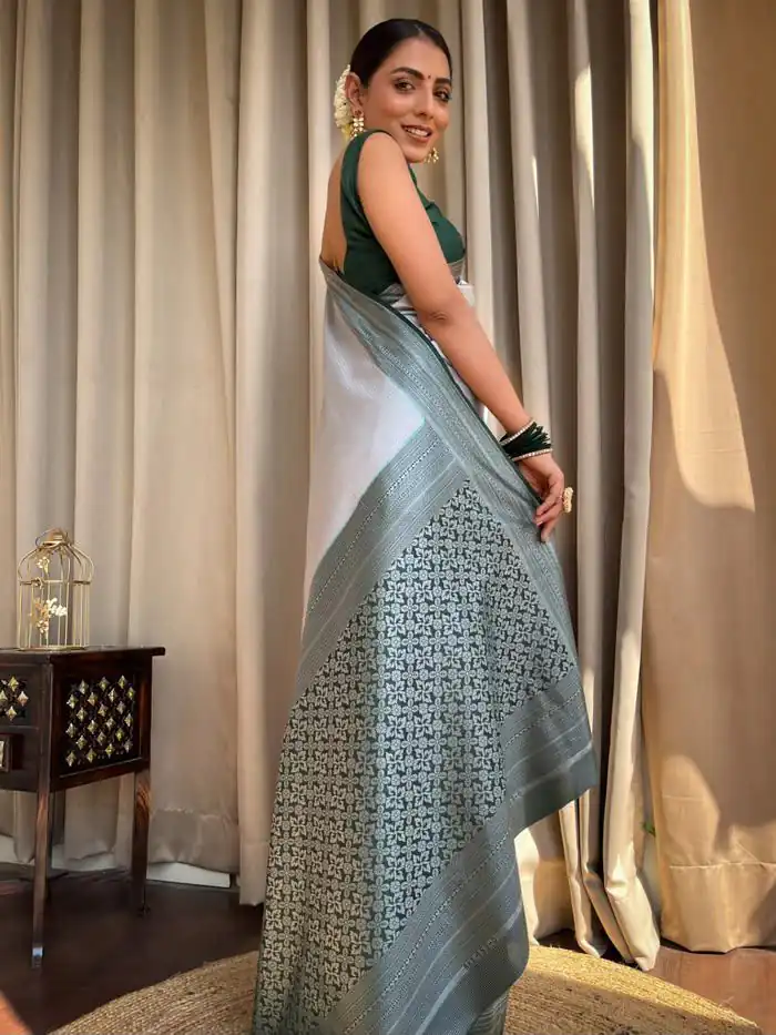KPR 230 Silver Soft Lichi Silk Saree Perfect for Wedding, Party, Reception, Diwali, Ethnic Day – . Affordable Price ₹1449. Delivery 4-6 Working Days. | Designer Sarees, Modern Digital sarees, Sarees, Bollywood Sarees, Creative Sarees, Embroidered Sarees, Ethnic Saree, Party Wear Sarees