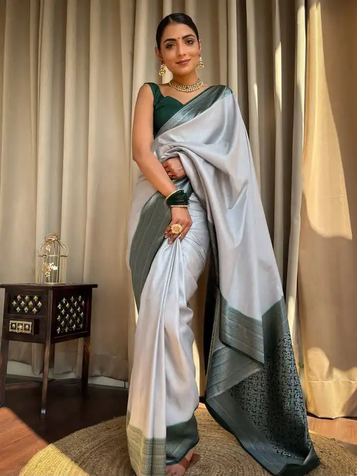 KPR 230 Silver Soft Lichi Silk Saree Perfect for Wedding, Party, Reception, Diwali, Ethnic Day – . Affordable Price ₹1449. Delivery 4-6 Working Days. | Designer Sarees, Modern Digital sarees, Sarees, Bollywood Sarees, Creative Sarees, Embroidered Sarees, Ethnic Saree, Party Wear Sarees