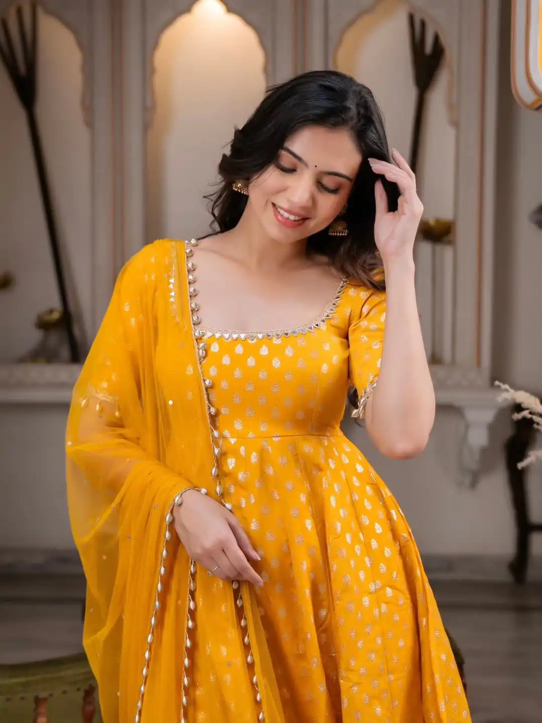 Super Yellow Chanderi Jacquard Butti Mirror Work Anarkali Suit - Image 3