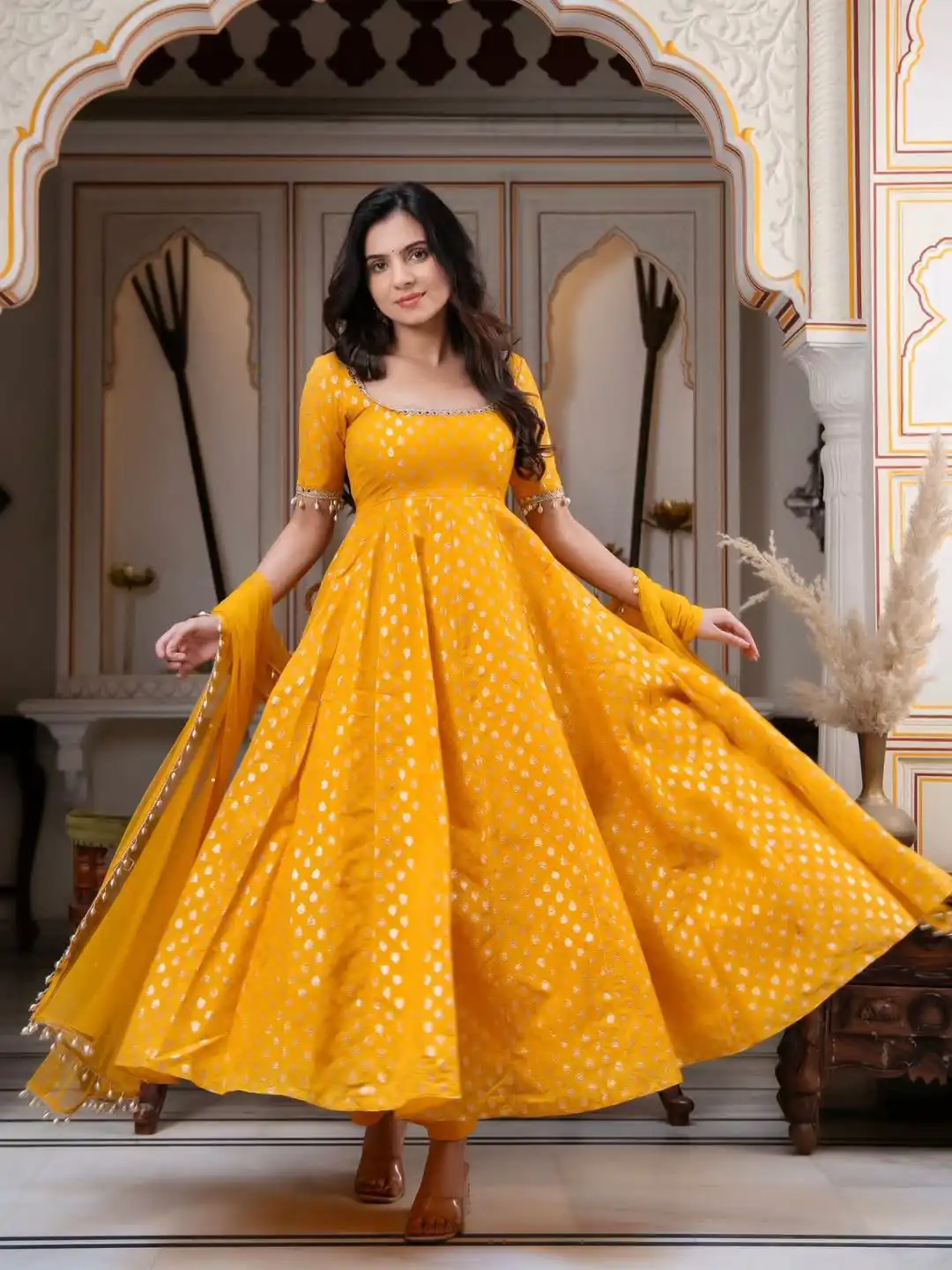 RTC 6025 Yellow Chanderi Jacquard Butti Salwar Suit with Mirror Work & Lace Work. Festive Deal ₹2149. Delivery 4-6 Working Days. Shop now. | Anarkali Suits, Bollywood Anarkali, Creative-Anarkali, Designer Anarkali, Embroidered Anarkali, Party Wear Anarkali