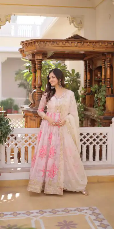 KA 1243 CreamColor Russian Silk Gown with Zari Work & Embroidery Work. Now at just ₹2499. Delivery 4-6 Working Days. Shop now. | Gowns, Bollywood Gowns, Creative Gowns, Designer Gowns, Embroidered Gowns, Party Wear Gowns