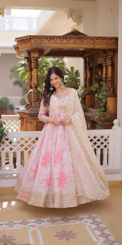 KA 1243 CreamColor Russian Silk Gown with Zari Work & Embroidery Work. Now at just ₹2499. Delivery 4-6 Working Days. Shop now. | Gowns, Bollywood Gowns, Creative Gowns, Designer Gowns, Embroidered Gowns, Party Wear Gowns