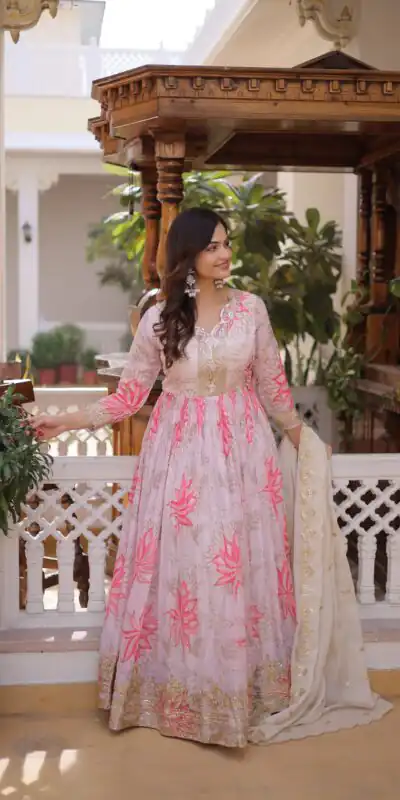 KA 1243 CreamColor Russian Silk Gown with Zari Work & Embroidery Work. Now at just ₹2499. Delivery 4-6 Working Days. Shop now. | Gowns, Bollywood Gowns, Creative Gowns, Designer Gowns, Embroidered Gowns, Party Wear Gowns