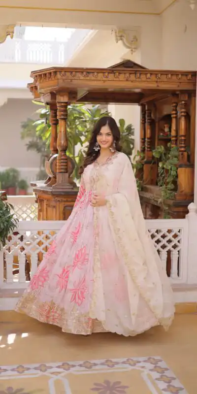 KA 1243 CreamColor Russian Silk Gown with Zari Work & Embroidery Work. Now at just ₹2499. Delivery 4-6 Working Days. Shop now. | Gowns, Bollywood Gowns, Creative Gowns, Designer Gowns, Embroidered Gowns, Party Wear Gowns