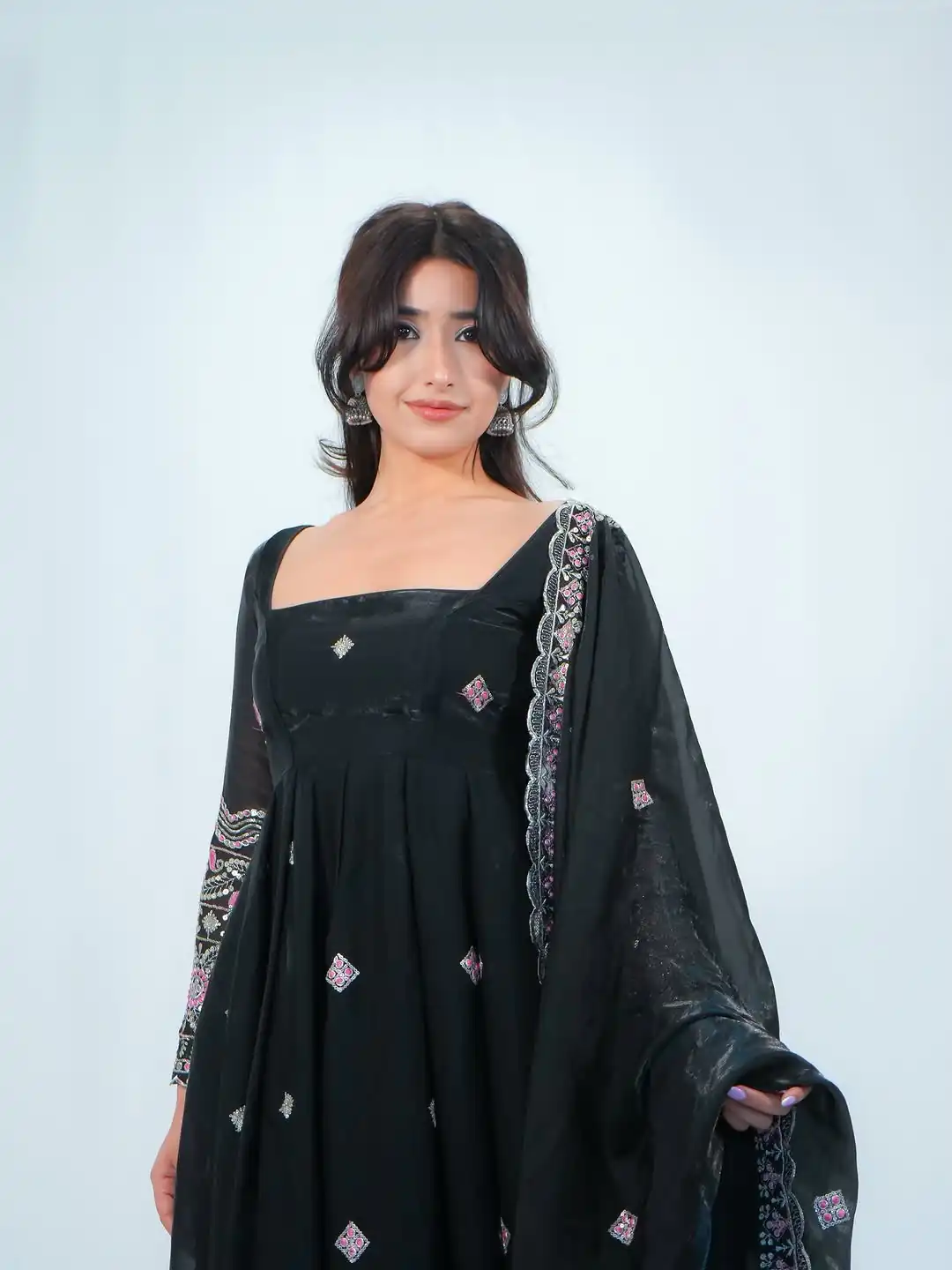 KD 1619 Black Color Fendy Silk Anarkali Suit with Thread Embroidery. Grab it for ₹2499. Delivery 4-6 Working Days. Shop now. | Anarkali Suits, Bollywood Anarkali, Creative-Anarkali, Designer Anarkali, Embroidered Anarkali, Party Wear Anarkali