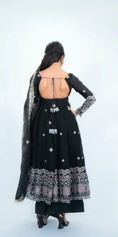 KD 1619 Black Color Fendy Silk Anarkali Suit with Thread Embroidery. Grab it for ₹2499. Delivery 4-6 Working Days. Shop now. | Anarkali Suits, Bollywood Anarkali, Creative-Anarkali, Designer Anarkali, Embroidered Anarkali, Party Wear Anarkali