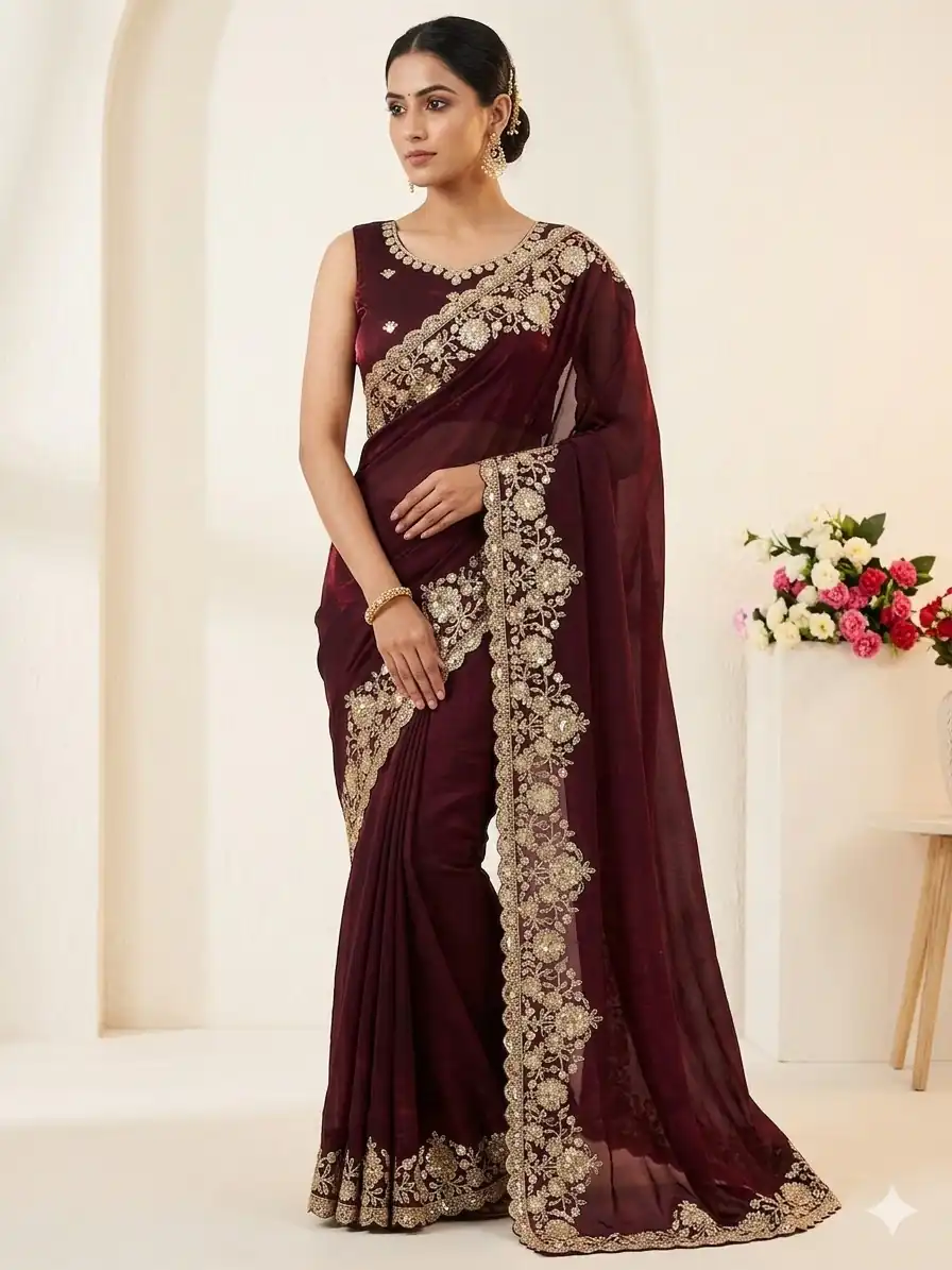 JR 670 Maroon in Space Silk Embroidery Work & Zari Work Saree . Available at ₹1949 only. Delivery 4-6 Working Days. Shop now. | Designer Sarees, Modern Digital sarees, Sarees, Bollywood Sarees, Creative Sarees, Embroidered Sarees, Ethnic Saree, Party Wear Sarees