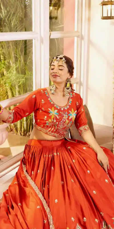 Ram 178 Orange Color Pure Crap Silk Lehenga Choli with Embroidery Work. Best Price ₹2549. Delivery 4-6 Working Days. Shop now. | Lehenga, Bollywood Lehenga, Creative Lehenga, Designer Lehenga, Embroidered Lehenga, Party Wear Lehenga